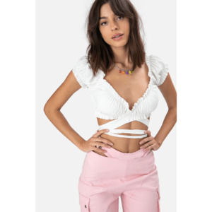 White Ruffled Tie-Front Wrap Top